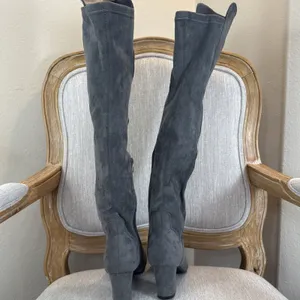 Grey faux Suede Over the Knee Boots Block Heel OTK Charcoal Long Tall Boots 9 thumbnail 7