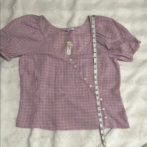 NWT Madewell small Linen-Blend Puff-Sleeve Button-Wrap Top in Plaid thumbnail 6
