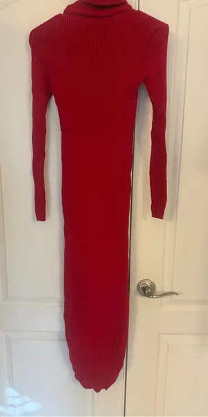 Red Ribbed Turtleneck Knit Dress - Women thumbnail 1