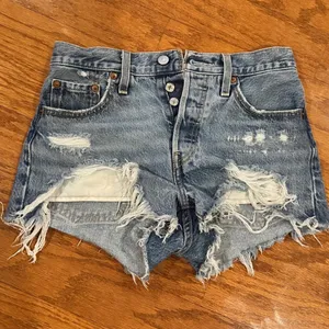 Levis 501 Original Lt Wash Distressed Denim Shorts High Rise Cut Offs Button Fly thumbnail 1