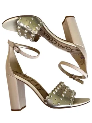 EUC Sam Edelman Leather Yaris Heeled Sandals Gold with Pearls Size 8.5 thumbnail 1