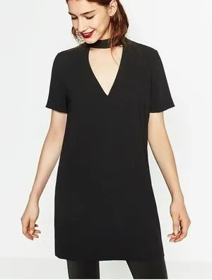 Zara Woman Black Dress Cut Out Choker Neck Short‎ Sleeve Mini Medium thumbnail 1