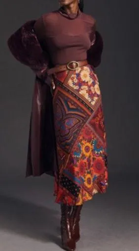Farm Rio Mixed Prints Satin Slip Midi Skirt, Size S thumbnail 1