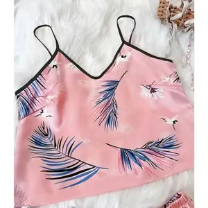 Bohemian Retro Plant Print Pajama Set, V Neck Cami Top & Short SZ L # 1636 thumbnail 3