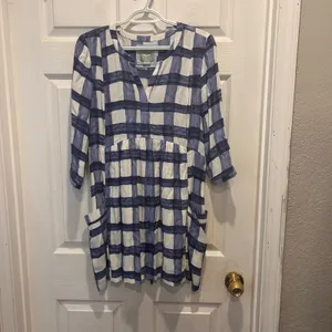 Maeve Devry Blue White Plaid Dress‎ Pockets Tie Waist 3/4 Sleeve XS Spring Party thumbnail 3