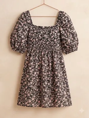 Old Navy Dress Women Small Black Floral Puff Sleeve‎ Smocked Mini Fit & Flare thumbnail 1