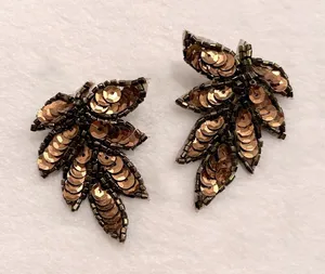 Bronze Sequin Beaded Leaf Statement Earrings Copper Metallic Botanical Studs‎ Brown thumbnail 1
