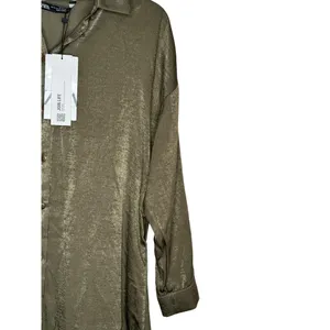 Zara Womens Dress Shirt Mini Collared Long Sleeve Satin Ruffled Hem Green XS NWT thumbnail 2