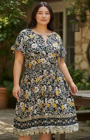 Agnes Orinda Womens 1X Floral Smocked Waist Midi Dress Black Daisy Boho 6351 thumbnail 1