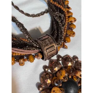 Brown Multi Strand Beaded Necklace Statement Pendant Boho Tribal 11” thumbnail 3