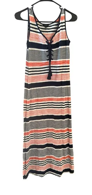 Talbots Womens Striped Lace Up‎ V-Neck Maxi Dress Navy Coral White Sleeveless XS thumbnail 1
