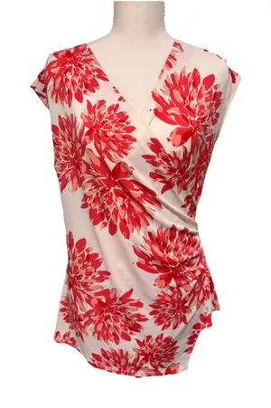 Ann Taylor Women's Sz Med Red White Floral Print Short Sleeve Draped V-Neck Top thumbnail 1