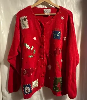 Vtg Basic Editions‎ Christmas Sweater Womans 1X Red Holiday Cardinal Patch 90s thumbnail 1
