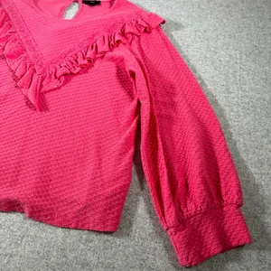 J. Crew Medium Womens Top Blouse Honeycomb Pattern Ruffle Neck Pink Puffy Sleeve thumbnail 5