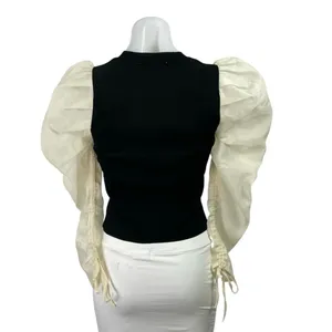 Zara Mixed Media Organza Long Puff Balloon Sleeve Crew Neck Sweater Blouse Top S thumbnail 3