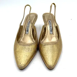 Manolo Blahnik Gold Carolyne Kitten Heel Slingback Pumps Heels Size 36.5 / 6.5 thumbnail 2