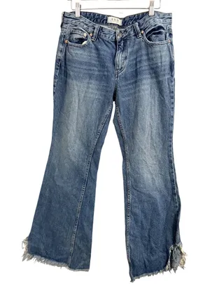 We The Free Jeans Women 29 Blue Wide Leg Frayed Hem Distressed Button Fly Cotton thumbnail 1