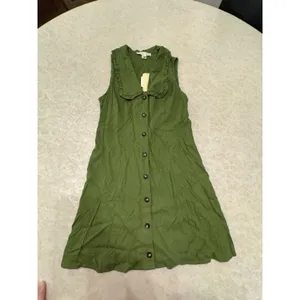 Monteau‎ dress button-front Shirt ruffle Peter Pan collar Linen Green Size Small thumbnail 3