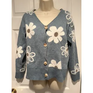 Unbranded Women Floral Fuzzy Cardigan Sweater Blue‎ Daisy Button Front Medium thumbnail 3
