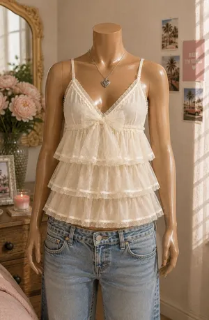 Y2K Victoria’s Secret Ivory Ruffle Babydoll Cami Tank Medium thumbnail 1
