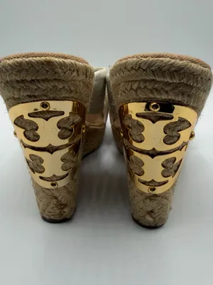 Tory Burch Kristen Espadrille Wedge Sandals Cream Canvas Gold Logo Women’s 10 thumbnail 2