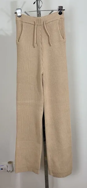Athina Women’s Beige Pants 100% Viscose Ribbed Knit Wide Leg Drawstring Size S thumbnail 1