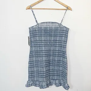 Wild Fable gingham smocked slate blue white mini summer dress w/ ruffle details thumbnail 7