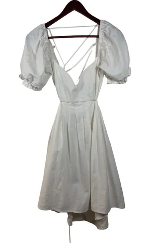 Lulus Mini Dress Womens M White Cotton‎ Linen Puff Sleeve Lace Up Back MD2965LU thumbnail 1