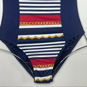 Vintage Jantzen 90's Blue Red Striped Gold Chain Swimsuit thumbnail 3