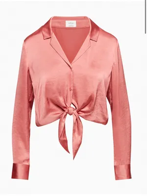 Aritzia Wilfred Pink Coral Satin Tie-Front Button‎ Down Blouse Top XS thumbnail 1