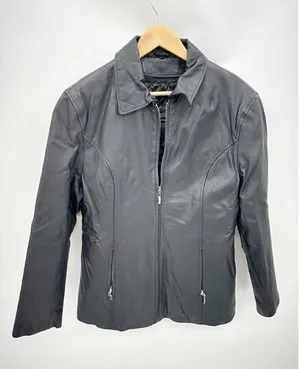 Black Leather Biker Jacket Womens Large Full Zip Quilted Lining Edgy Moto Grunge thumbnail 1