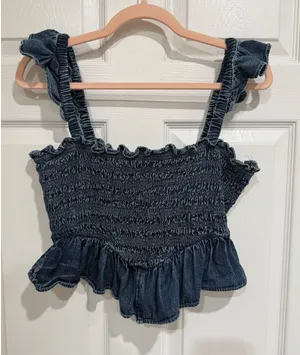 American Eagle Womens Denim Smocked Peplum Crop Top Dark‎ Wash Ruffle Straps M thumbnail 1