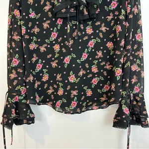 Rebecca Minkoff Devy Black/Pink Floral Ruffle Bell Sleeve Blouse Size Small thumbnail 14
