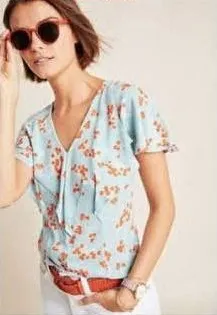 Maeve Anthropologie Blouse Womens‎ 4 Blue Excellent Cherry Print Ruffle Cape Top thumbnail 1