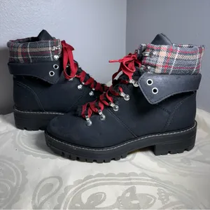 No Boundaries Black Lace-Up Boots with Red Laces and Plaid Cuff thumbnail 9