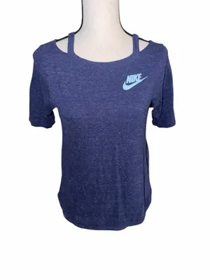 Nike Girls Cold Shoulder Blue Heather Athletic Workout Top Size Large thumbnail 2