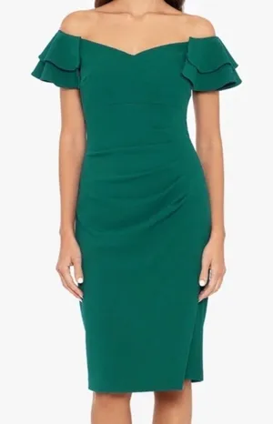 Betsy‎ & Adam | Off Shoulder Ruched Scuba Midi Ruffle Dress. thumbnail 1