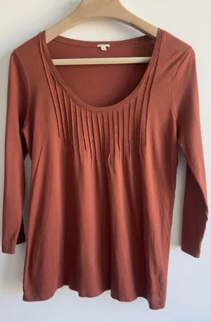 J Crew Pleated Scoop Neck 3/4 Sleeve Top Brown Rust Cotton Medium M thumbnail 1