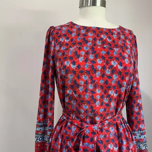 LOFT‎ Border Floral Red Long Sleeve Boho Tie Waist Dress Size XS thumbnail 4
