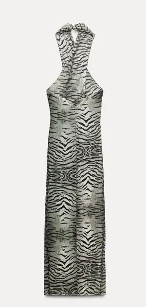 Zara Dress maxi halter mesh bodycon zebra animal print evening date party thumbnail 6