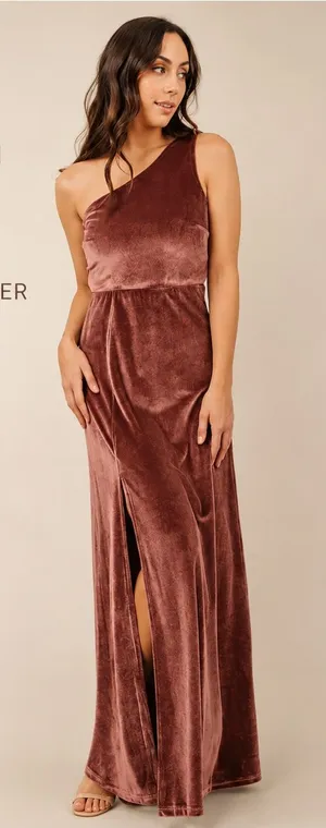 Baltic Born Tatiana Velvet One Shoulder Maxi Dress Desert Rose Size S thumbnail 1