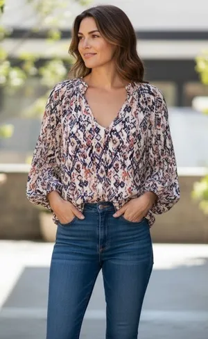 Evereve Printed V-Neck Blouse in Navy, Pink and Cream thumbnail 1