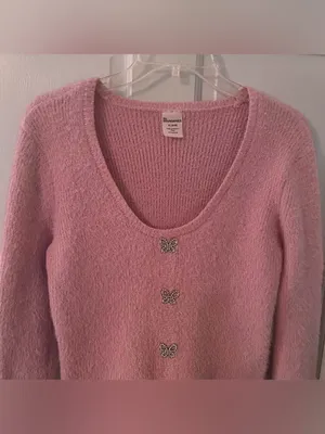 Pink Fuzzy Rhinestone Butterfly Button Long Sleeve Sweater thumbnail 4