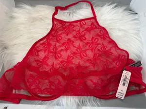 Victoria’s Secret Very Sexy Bow Lace High Neck Unlined Halter Bra – Red/Nude thumbnail 1