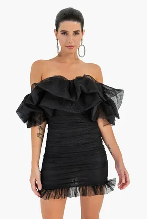 Black Tulle Ruffle Off Shoulder Ruched Mini Dress Coquette‎ Glam Cocktail Party thumbnail 1