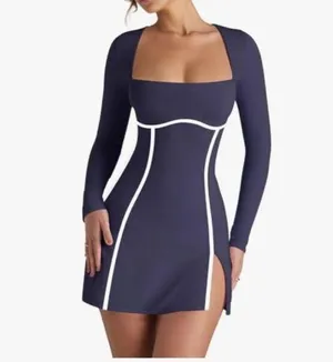 NEW Navy Blue Long Sleeve Square Neck Bodycon Side Slit Mini Dress M thumbnail 3