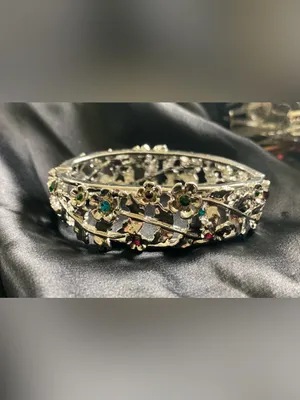 Silver Floral Bangle Bracelet w/ Pink, Green and Teal Crystal Accents thumbnail 2