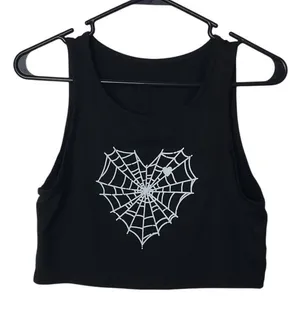 Unbranded Black Spider Web Heart Casual Graphic Tee Sleeveless Tank Crop Top S thumbnail 1