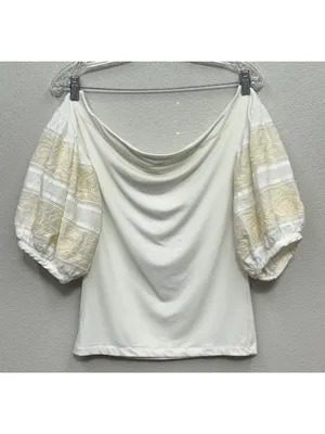 Free People Top Shirt Women's Rock with It Knit Off Shoulder Embroidered Cream S thumbnail 3