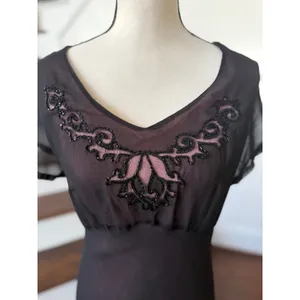 Vintage 90s Black Sheer & Pink Beaded Floral Maxi Slip Dress Whimsygoth Witchy thumbnail 2